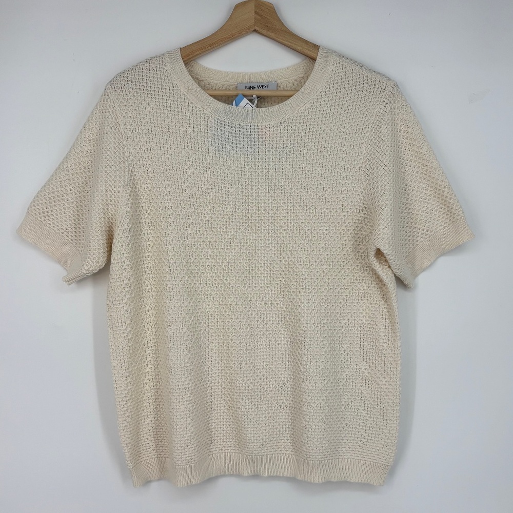 Nine West Womens Large Short Sleeve Sweater Ivory Textured Knit Round Neck Poly